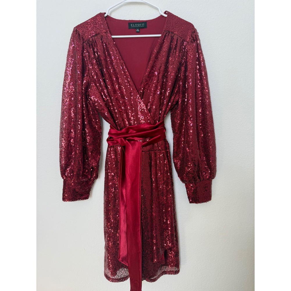 ELOQUII Red Sequin Faux Wrap Dress Long Sleeve Satin Belted Midi Size 16 Holiday